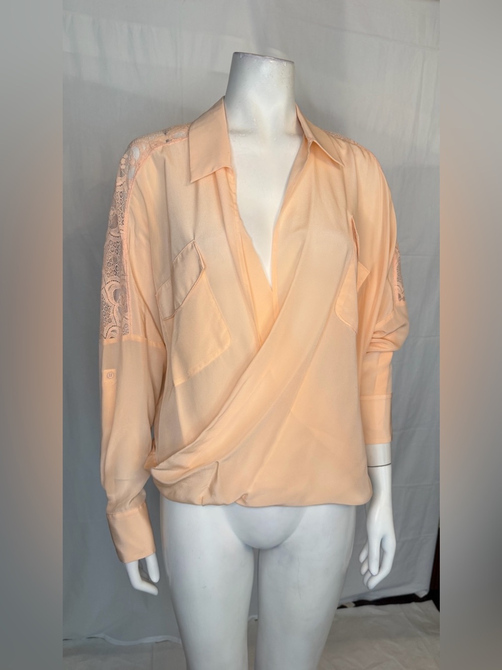 Peach Lace-Detail Wrap Blouse
